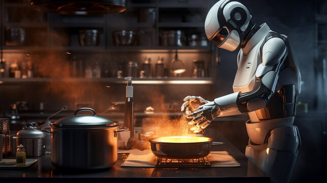 robot chef cooking at a stove