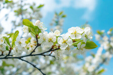 Pear Blossoms on a Light Blue Background