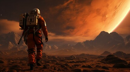 Astronaut walking on the surface of Mars with a planet in the distance. Person from a Martian human colony strolling in a space suit on planet Mars, with a moon on the horizon. Cosmonaut in a desert.