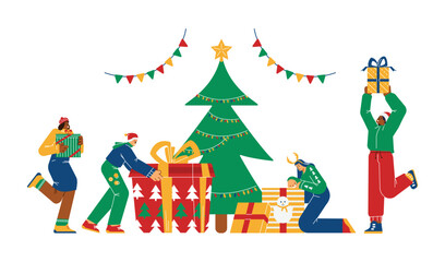 Obraz na płótnie Canvas People opening gift box under Christmas tree, flat vector illustration isolated.