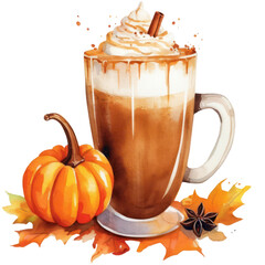 Pumpkin latte with cream, pumpkin spice cup of coffee watercolor illustration isolated with a transparent background, Thanksgiving season cappuccino design