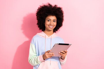Photo of cheerful sweet small kid wear sweatshirt chatting instagram twitter telegram facebook...