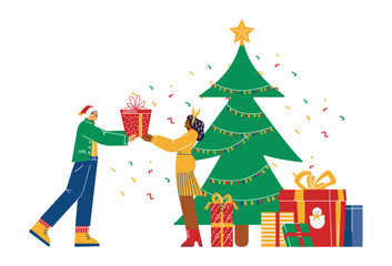 Couple exchanging Christmas gifts under tree, flat vector illustration isolated.