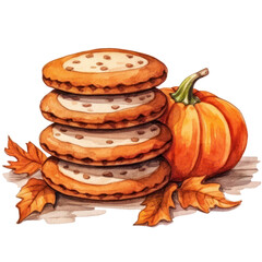 Cookies with pumpkin spice baking watercolor illustration isolated with a transparent background, Thanksgiving season bakery design