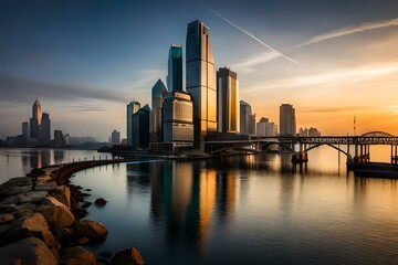 a modern city and heavy buildings on the bank of river , sunrise in the modern city