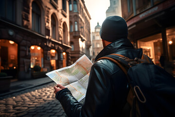Fototapeta na wymiar A person exploring a city and using a map