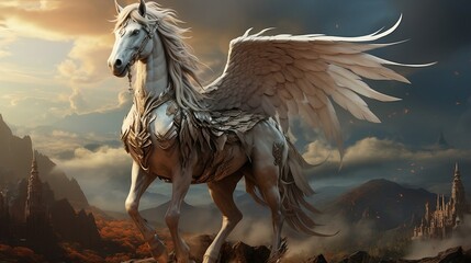 Obraz na płótnie Canvas A white pegasus unicorn is perched on a cliff high above the clouds. Generative AI 