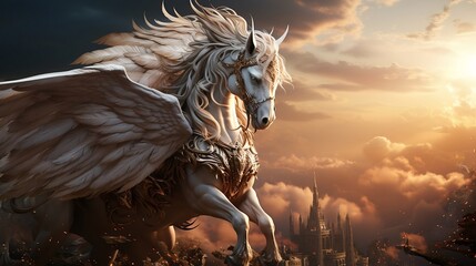 Fototapeta premium A white pegasus unicorn is perched on a cliff high above the clouds. Generative AI 