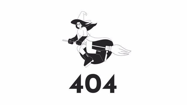 Scary witch halloween bw error 404 animation. Mystic sorceress error message gif, motion graphic. Wicked witch sitting on broomstick animated character outline 4K video isolated on white background