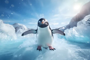 Fotobehang A penguin sliding on the ice © Ployker