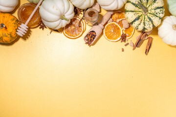 Autumn pumpkin spice baking and drink ingredients