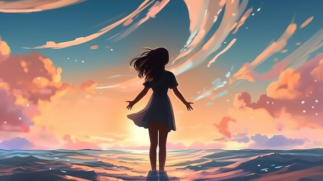 an amazing anime artwork of finding peace, a girl standing on the ocean and feeling the freedom, strong and brave wallpaper, ai generated image