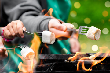 Around the campfire. Delicious and sweet jelly marshmallows on fork over the bonfire. Toasting Marshmallow.
