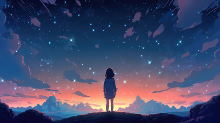 a lonely girl at the top of the mountain watching a beautiful sunset, ai generated image