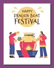 Poster or vertical banner about Happy Dragon boat festival flat style