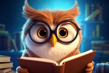The Wise Owl: Cartoon Owl with Glasses and a Book, Generative AI