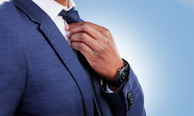 Business man, hands and fix tie for fashion, professional suit or corporate trader in studio with...
