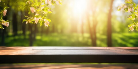 Naklejka na ściany i meble Spring summer beautiful nature background with blurred park trees in sunlight and empty wooden table