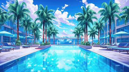 Fototapeta na wymiar a beautiful summer beach pool anime artwork, ai generated image