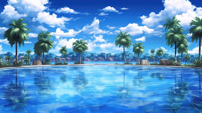 a beautiful lofi inspired blue clear beach scene, anime wallpaper, ai generated image