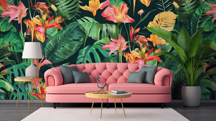 a living room mockup with a forest wall art, ai generated image
