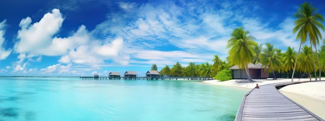 Rolgordijnen White Boat at pier with palm trees, Maldives island. Beautiful panoramic tropical landscape with turquoise ocean and blue sky with clouds © Eli Berr