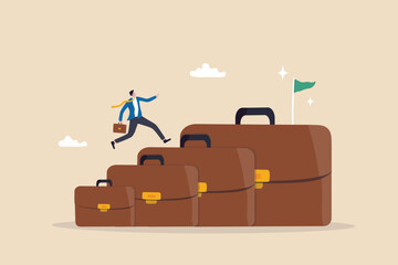 Career growth development plan, job promotion or motivation to achieve work target, stair step to success, ambition concept, businessman professional step up briefcase stair to reach goal on top.