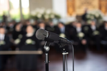 Microphones on the funeral podium. Generative Ai - obrazy, fototapety, plakaty