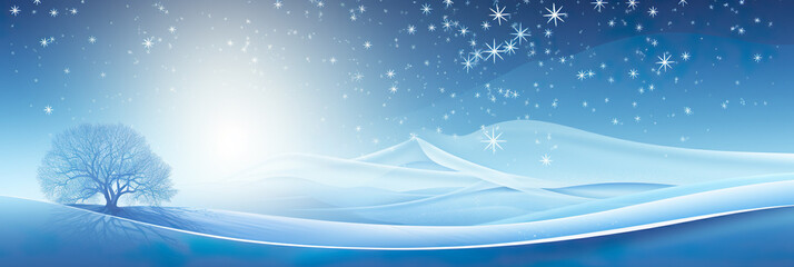 Verschneite Winterlandschaft mit Baum und schneesternen, Schneeflocken (Generative AI)