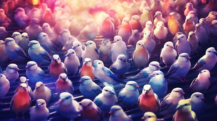 Obraz premium a big group of birds at sunset, wallpaper artstyle, ai generated image