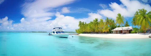 Poster White Boat at pier with palm trees, Maldives island. Beautiful panoramic tropical landscape with turquoise ocean and blue sky with clouds © Eli Berr