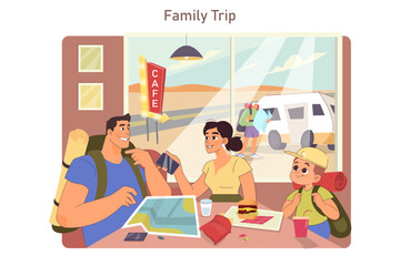 Family road trip. Parents with son going on vacation by a car. Mom