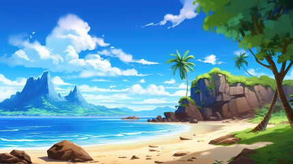 Fototapeta na wymiar calm and lofi inspired beach anime scene, ai generated image