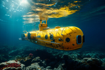 Yellow submarine under water - obrazy, fototapety, plakaty