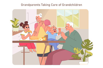 Grandparents taking care of their little grandchildren. Grandpa