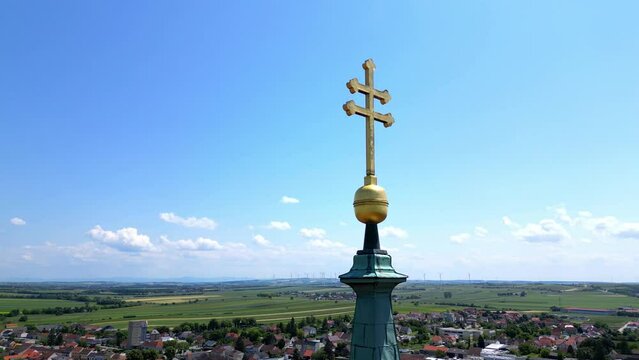 Poysdorf Church Spire Cross Aerial Shot