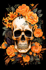 Skull with flowers and leaves on black background. Halloween illustration. selective focus