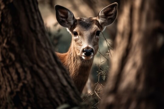 Cute deer hiding behind a tree. Beautiful illustration picture. Generative AI
