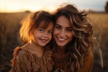 Fototapeta premium A portrait of mother and daughter in green field sunset time. Generative Ai