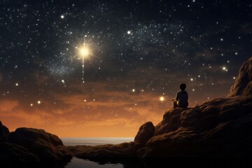 Man and stars at night. Beautiful illustration picture. Generative AI