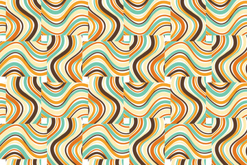 Modern retro liquid swirl abstract seamless pattern. Bright groovy 70s style with orange mustard blue wave, for fabric textile shirt dress table cover summer bed sheet decoration all over print