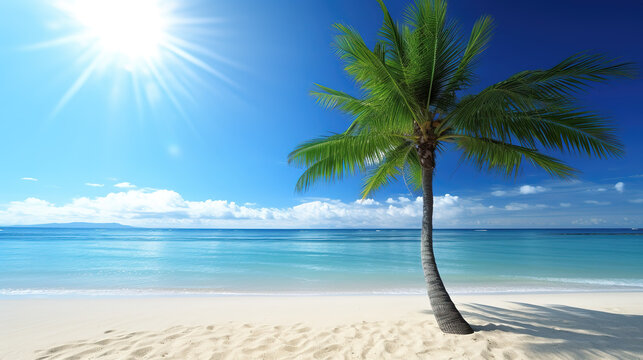 a beautiful realstic summer beach wallpaper, palm tree, ai generated image