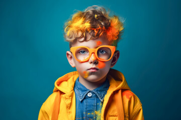  Portrait of little boy in glasses with colorful paint on the skin isolated on colorful background