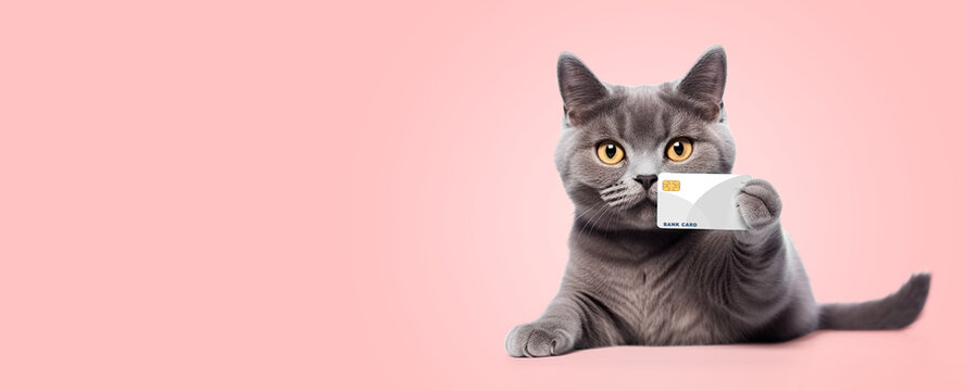 A gray cat holds a credit card in its paw.