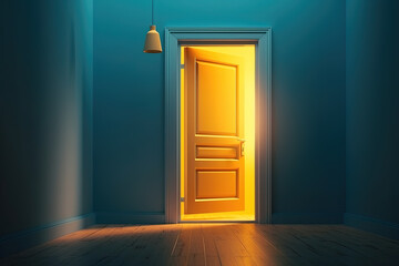 Slightly open yellow door in empty blue room with lamp