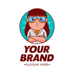 Woman Scientist Cartoon Character Logo Vector Template