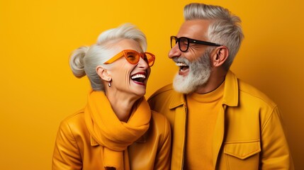 emotional Senior couple color background. funny and happy mood