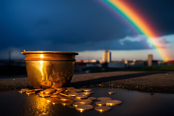 A rainbow and a pot full of gold coins