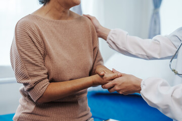 Female doctor examined patient health peace of mind. Basic procedure for general examination, Medical history taking, Physical examination, Blood test. stomach disease, hypertension, osteoporosis