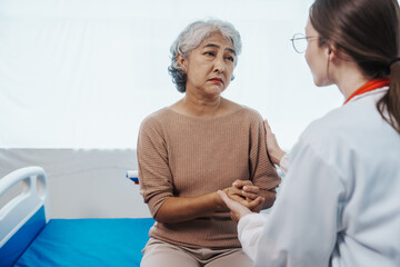 Female doctor examined patient health peace of mind. Basic procedure for general examination, Medical history taking, Physical examination, Blood test. stomach disease, hypertension, osteoporosis